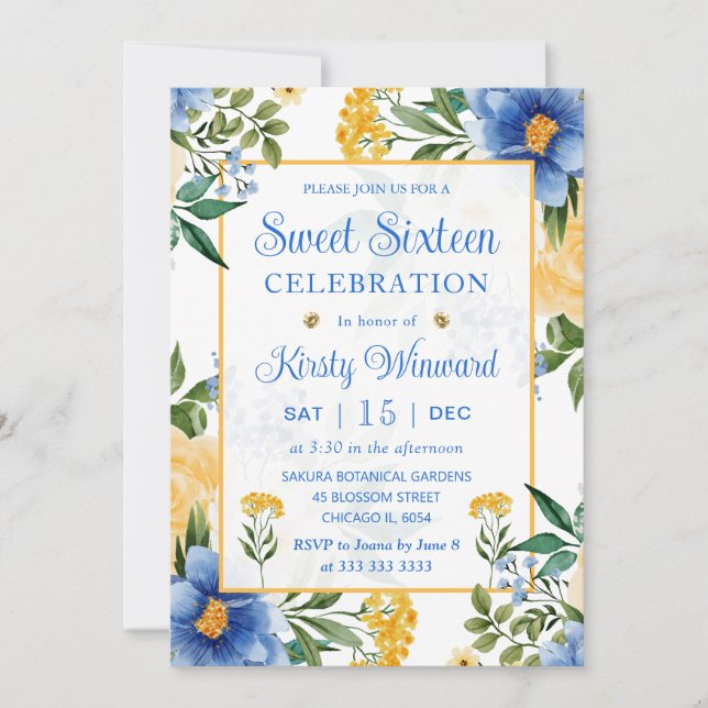 Watercolor Blue and Yellow Flowers Sweet Sixteen Invitation (Front)