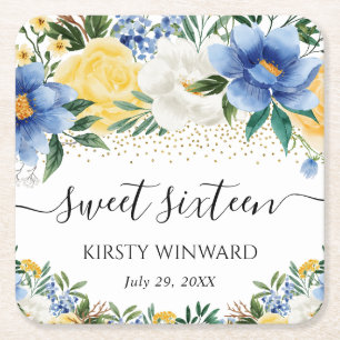 Watercolor Blue and Yellow Flowers Sweet Sixteen Square Paper Coaster