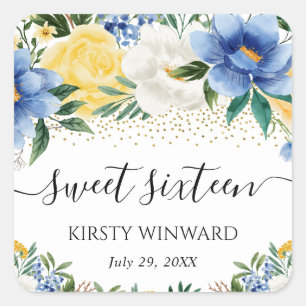 Watercolor Blue and Yellow Flowers Sweet Sixteen Square Sticker