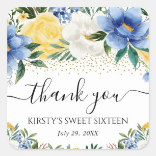 Watercolor Blue and Yellow Flowers Sweet Sixteen Square Sticker