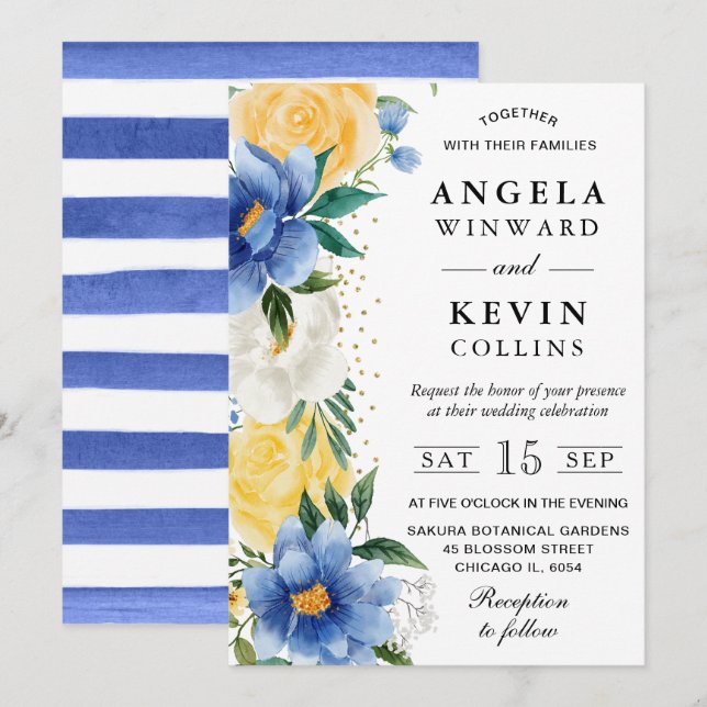 Watercolor Blue and Yellow Flowers Wedding Invitation (Front/Back)
