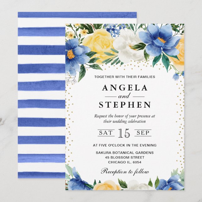 Watercolor Blue and Yellow Flowers Wedding Invitation (Front/Back)
