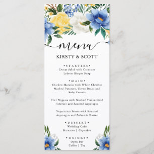 Watercolor Blue and Yellow Flowers Wedding Menu