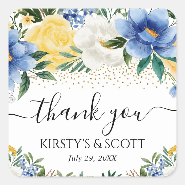 Watercolor Blue and Yellow Flowers Wedding Square Sticker (Front)