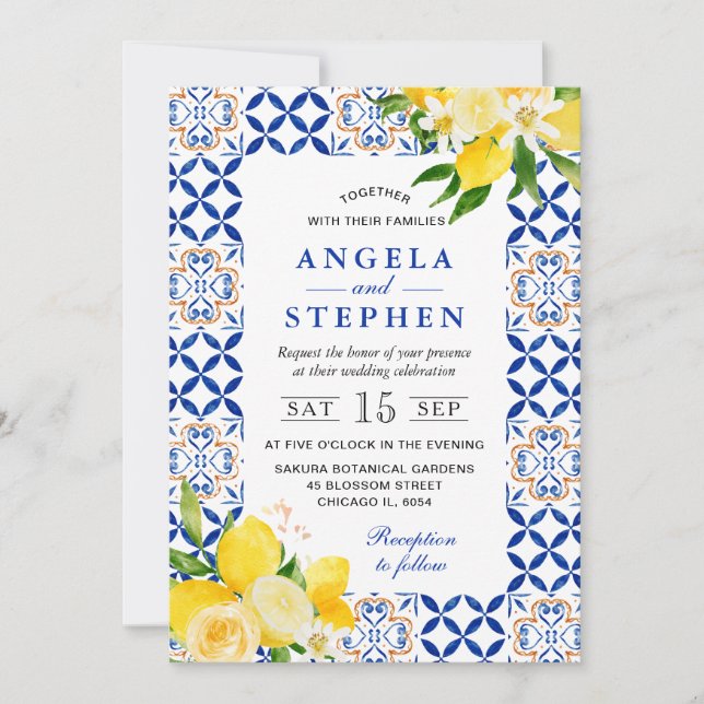 Watercolor Blue and Yellow Lemons Frame Wedding Invitation (Front)