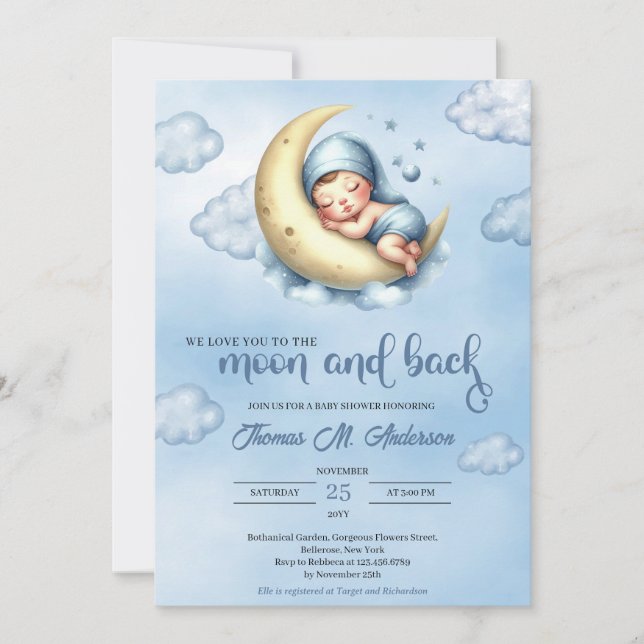 Watercolor blue and yellow moon and back boy invitation (Front)