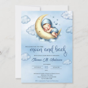 Watercolor blue and yellow moon and back boy invitation