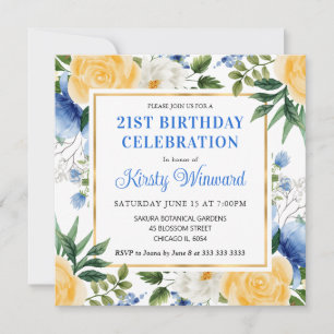 Watercolor Blue and Yellow Summer Flowers Birthday Invitation
