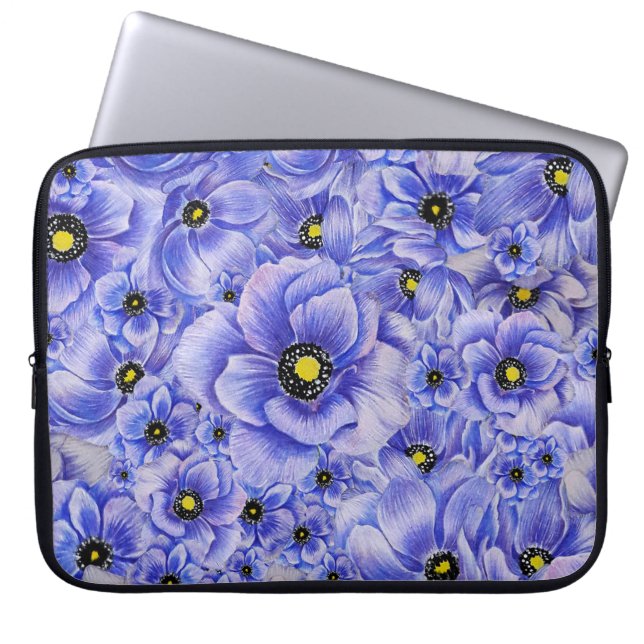 WATERCOLOR BLUE ANEMONE POPPIES LAPTOP SLEEVE (Front)