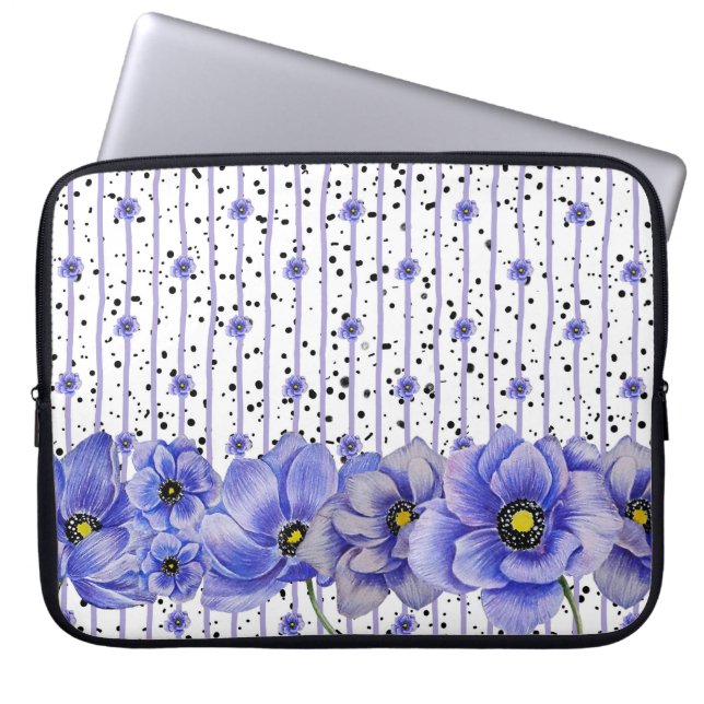 WATERCOLOR BLUE ANEMONE POPPIES LAPTOP SLEEVE (Front)