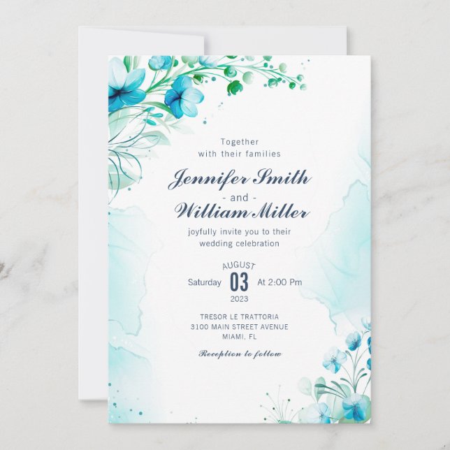 Watercolor Blue Aqua Floral Wedding Invitation (Front)