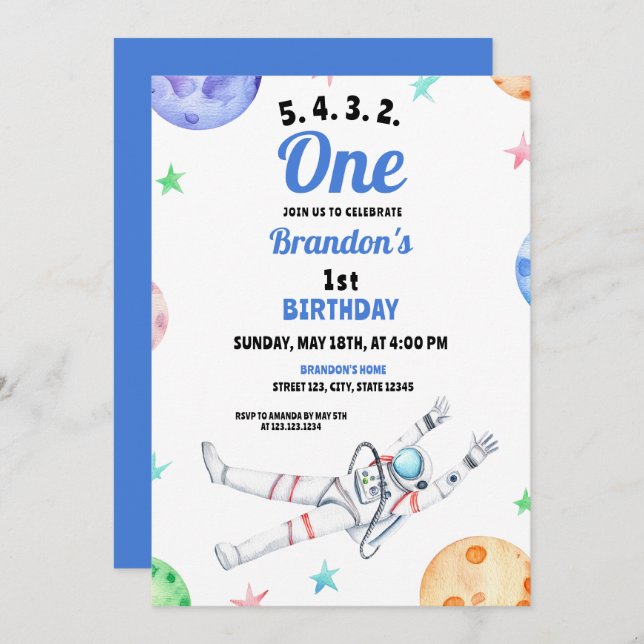 Watercolor Blue Astronaut Baby 1st Birthday Invitation (Front/Back)