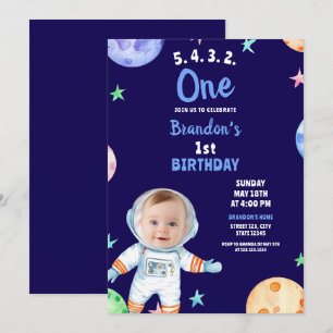 Watercolor Blue Astronaut Baby Photo 1st Birthday Invitation
