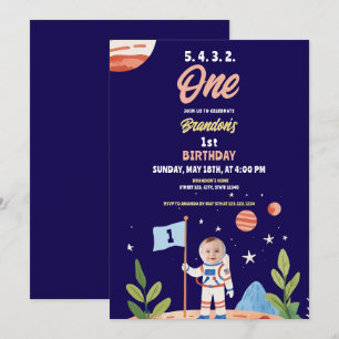 Watercolor Blue Astronaut Flag Photo 1st Birthday  Invitation
