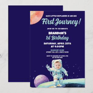 Watercolor Blue Astronaut Space Photo 1st Birthday Invitation