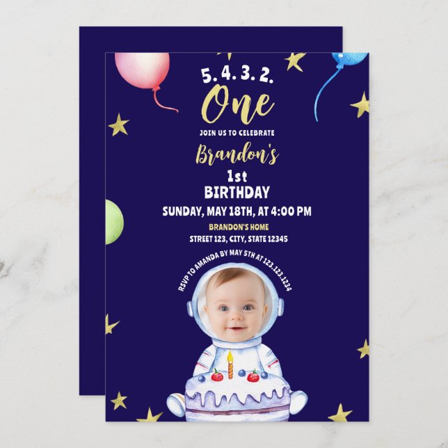 Watercolor Blue Astronaut With Cake 1st Birthday Invitation (Front/Back)