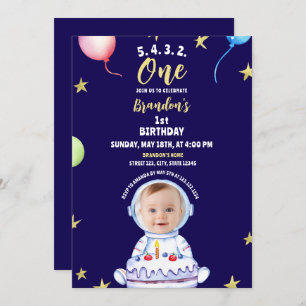 Watercolor Blue Astronaut With Cake 1st Birthday Invitation
