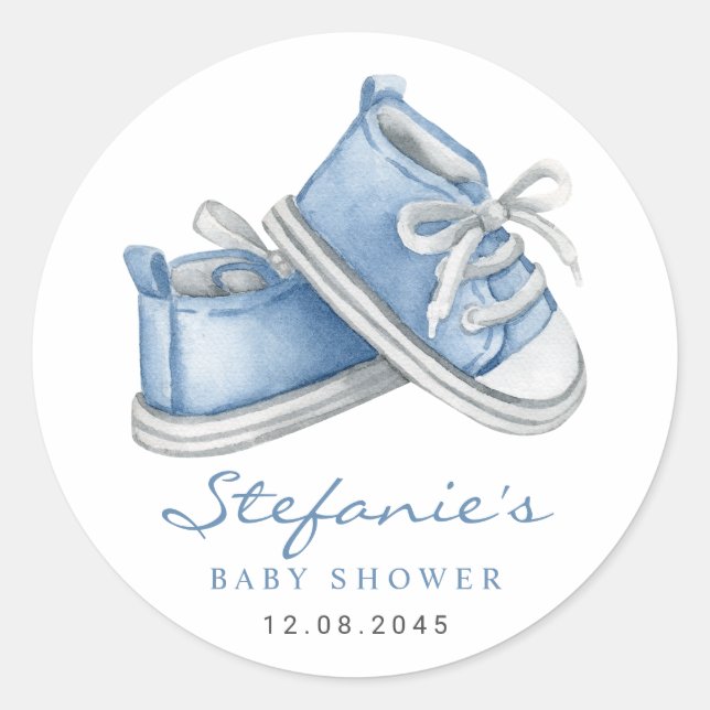 Watercolor Blue Baby Booties Baby Shower Classic Round Sticker (Front)