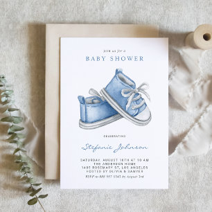 Watercolor Blue Baby Booties QR Code Baby Shower Invitation