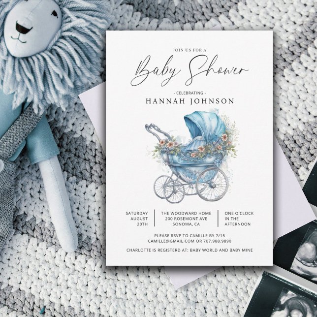 Watercolor Blue Baby Carriage It's a Boy Shower Invitation (Creator Uploaded)