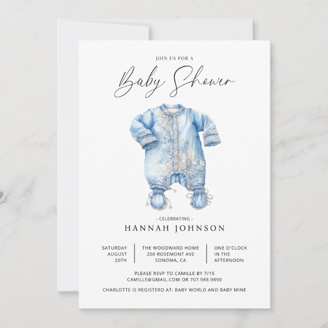 Watercolor Blue Baby Clothes Boy Baby Shower Invitation (Front)