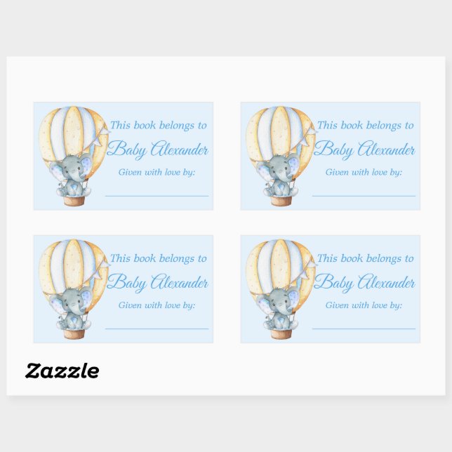 Watercolor Blue Baby Elephant Bookplate Labels (Sheet)