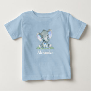 Watercolor Blue Baby Elephant on Greenery Blue Baby T-Shirt