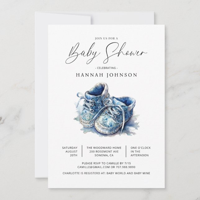 Watercolor Blue Baby Shoes Boy Baby Shower  Invitation (Front)