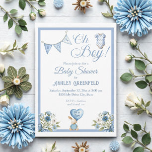 Watercolor Blue Baby Shower Oh Boy Invitation