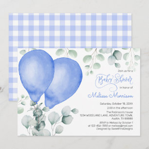 Watercolor Blue Ballons Cute Gingham Baby Shower Invitation