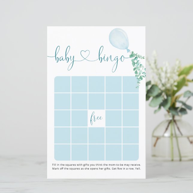 Watercolor Blue Balloon Baby Shower Bingo Game (Standing Front)