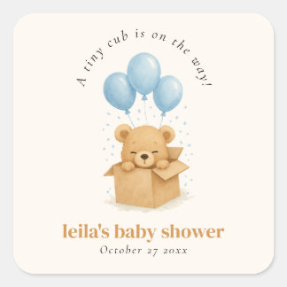 Watercolor Blue Balloon Bear Boy Baby Shower Square Sticker