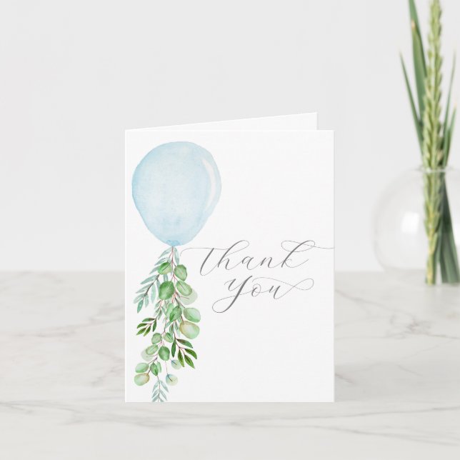 Watercolor blue balloon eucalyptus greenery  thank you card (Front)