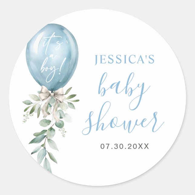 Watercolor Blue Balloon Greenery Baby Shower Classic Round Sticker (Front)