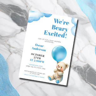 Watercolor Blue Balloon Sitting Bear Baby Shower Invitation