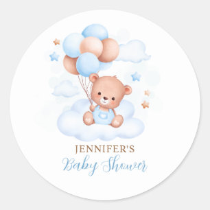Watercolor Blue Balloon Teddy Bear Baby Shower Classic Round Sticker