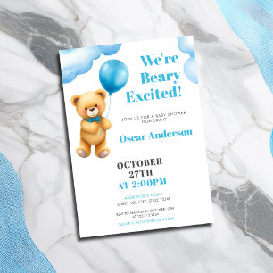 Watercolor Blue Balloon Teddy Bear Baby Shower Invitation