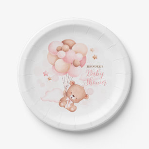 Watercolor Blue Balloons Teddy Bear Baby Shower Paper Plate