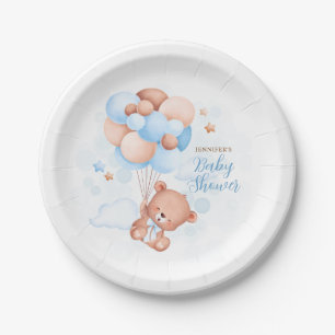 Watercolor Blue Balloons Teddy Bear Baby Shower Paper Plate