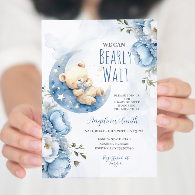 Watercolor Blue Bear Bearly Wait Baby Shower Invitation (Creator Uploaded)