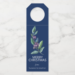 Watercolor Blue Berry Leaves Christmas Bottle Tag