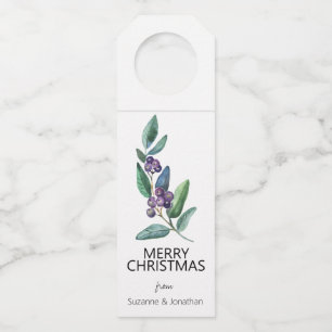 Watercolor Blue Berry Leaves Christmas Bottle Tag