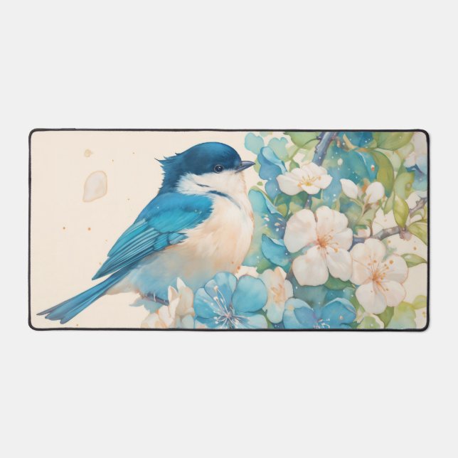 Watercolor Blue Bird Spring Blossom Desk Mat (Front)