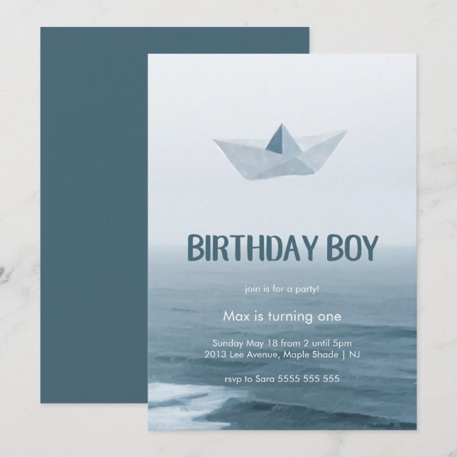 Watercolor Blue Boat Boy Birthday Party Invitation (Front/Back)