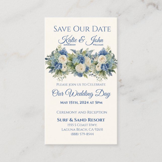 Watercolor Blue Bouquet-Wedding Save the Date-  Business Card (Front)