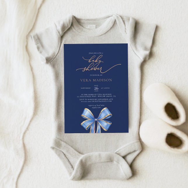 Watercolor Blue Bow Baby Shower Invitation (Creator Uploaded)