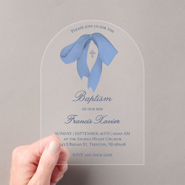 watercolor blue bow Baptism Acrylic Invitations (Insitu (Handheld))