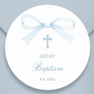 Watercolor Blue Bow Baptism Classic Round Sticker