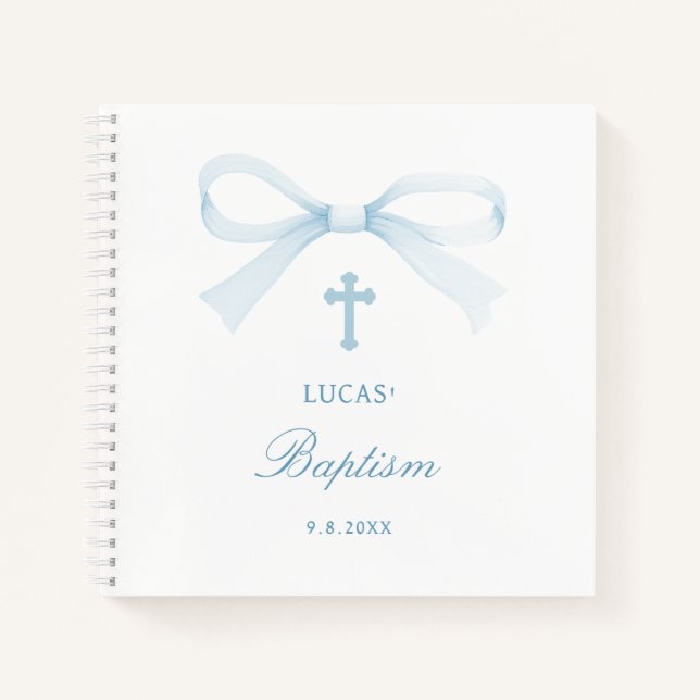 Watercolor Blue Bow Baptism Guest Book (Front)