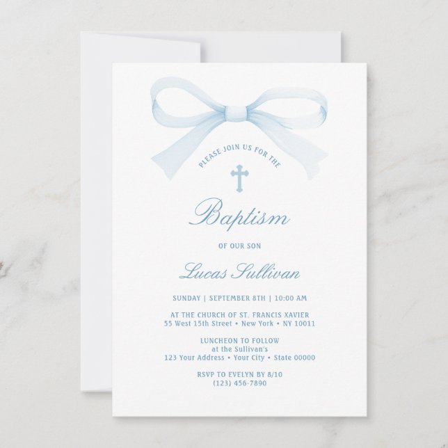 Watercolor Blue Bow Baptism Invitation (Front)